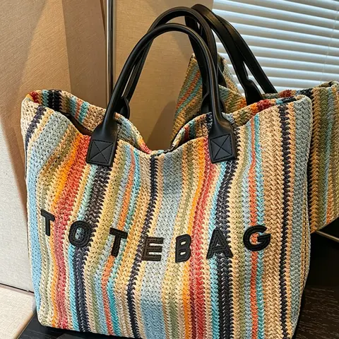 New Colorful Striped Large Capacity Women's Handbag, Fashion, Bohemian Style Handwoven Letter Pattern, Fall Winter Beach Bag, Beachy Purse, Ideal Gift
