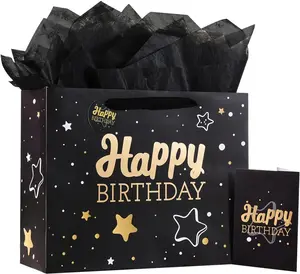 Black Birthday Gift Bag with Tissue Paper and Greeting Card, 13'x10.2'x4.9', Medium (1-Piece Set, Black Starry Sky, Unisex, Includes Card, Ribbon, Crinkle Paper)