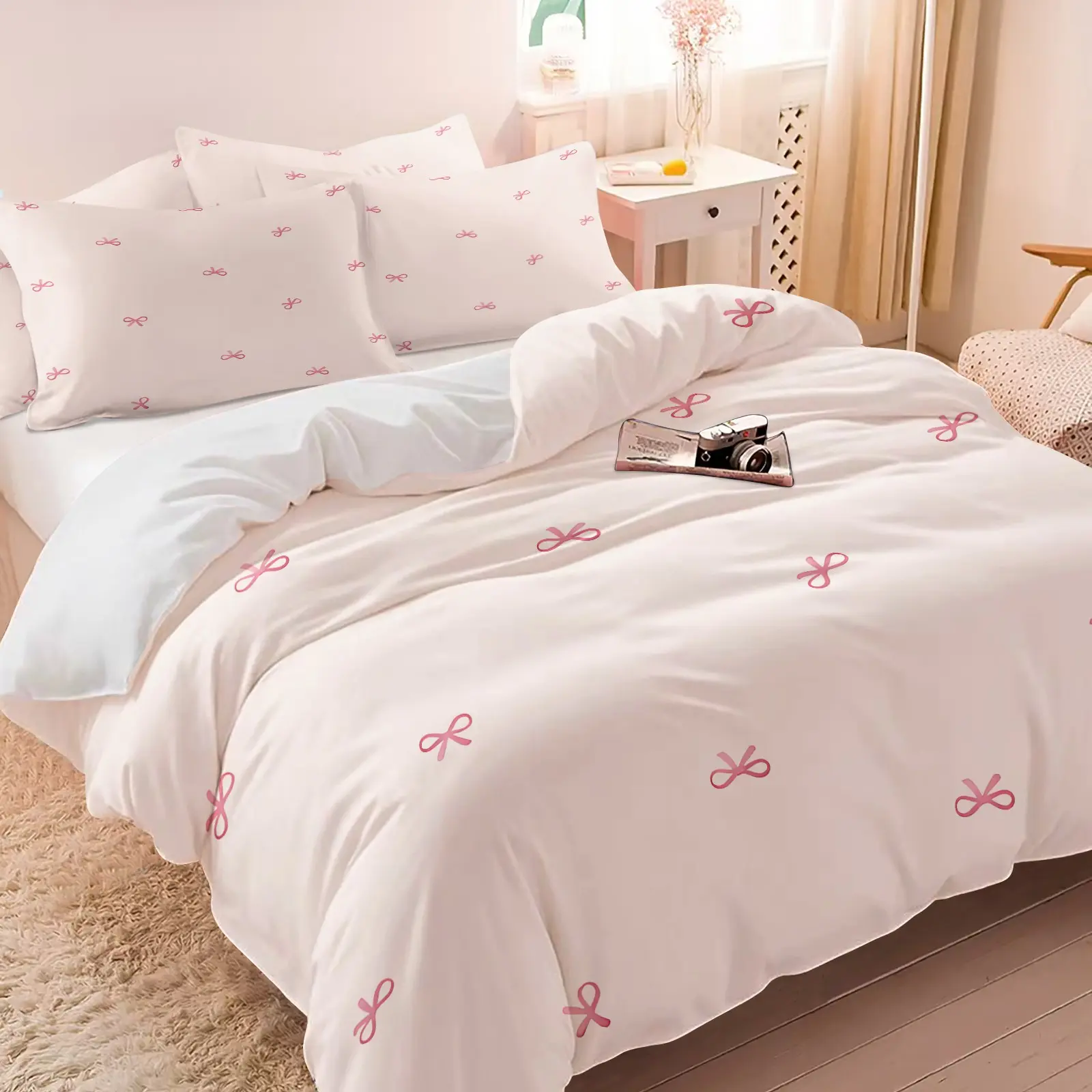 Soft Macaron-colored printed duvet cover set, Polyester bed set, Comfy bed sets, machine washable, 2/3 pcs, includes 1 duvet cover & 1/2 pillowcases without filler, bow design, suitable for all seasons, multiple styles, bedroom decor