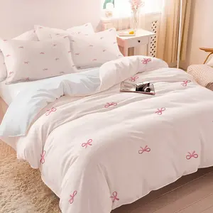Soft Macaron-colored printed duvet cover set, Machine Washable Duvet, 2/3 Pcs,Includes 1 Count Duvet Cover & 1/2 Pillowcase without Filler,Simple bow design,Fresh and lovely,Suitable for all seasons,Multiple styles available,Stylish bedroom decor.