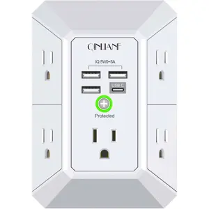 Surge Protector Power Strip with 5 Outlets and 4 USB Ports, 3-Sided Multi Plug Wall Charger Extender 1680J, Space Saving Electrical Outlet Adapter for Home Office Travel, Fast Charging USB Power Strip