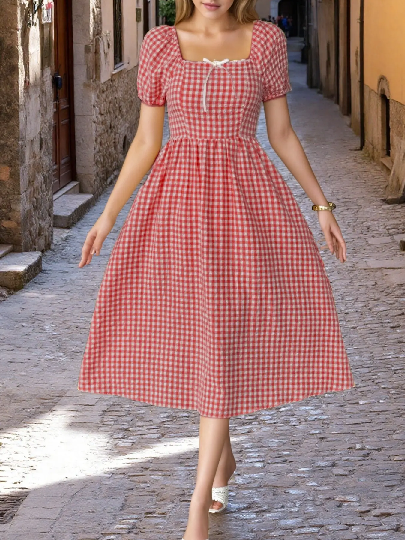 Summer Red Gingham Square Neck Puff Sleeve Midi Dress - Vintage Cottagecore  Style with Smocked Waist & Tie Detail for European Town Strolls & Picnic  Dates - TikTok Shop