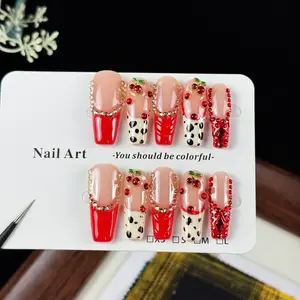 10pcs Luxury lightweight construction style, hand-painted leopard pattern, dazzling three-dimensional stacked diamonds, Sparkly rhinestones, handmade fake nails, Glitter Nails, Suitable for wedding banquets, brides, festive occasions. Nail st
