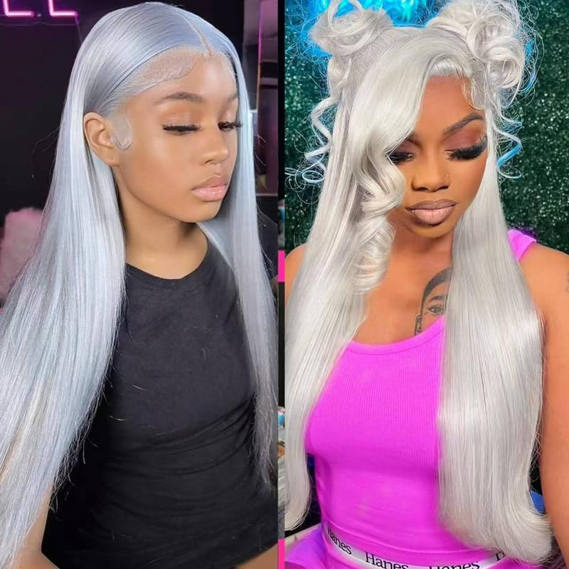 Wear and Go Silver Grey Lace Front Wig 13x4 Silver Synthetic Wig Pre Plucked Small Knots Ready to Wear Long Straight Gray Glueless Wigs For Women Suitable For Daily Party 32inch