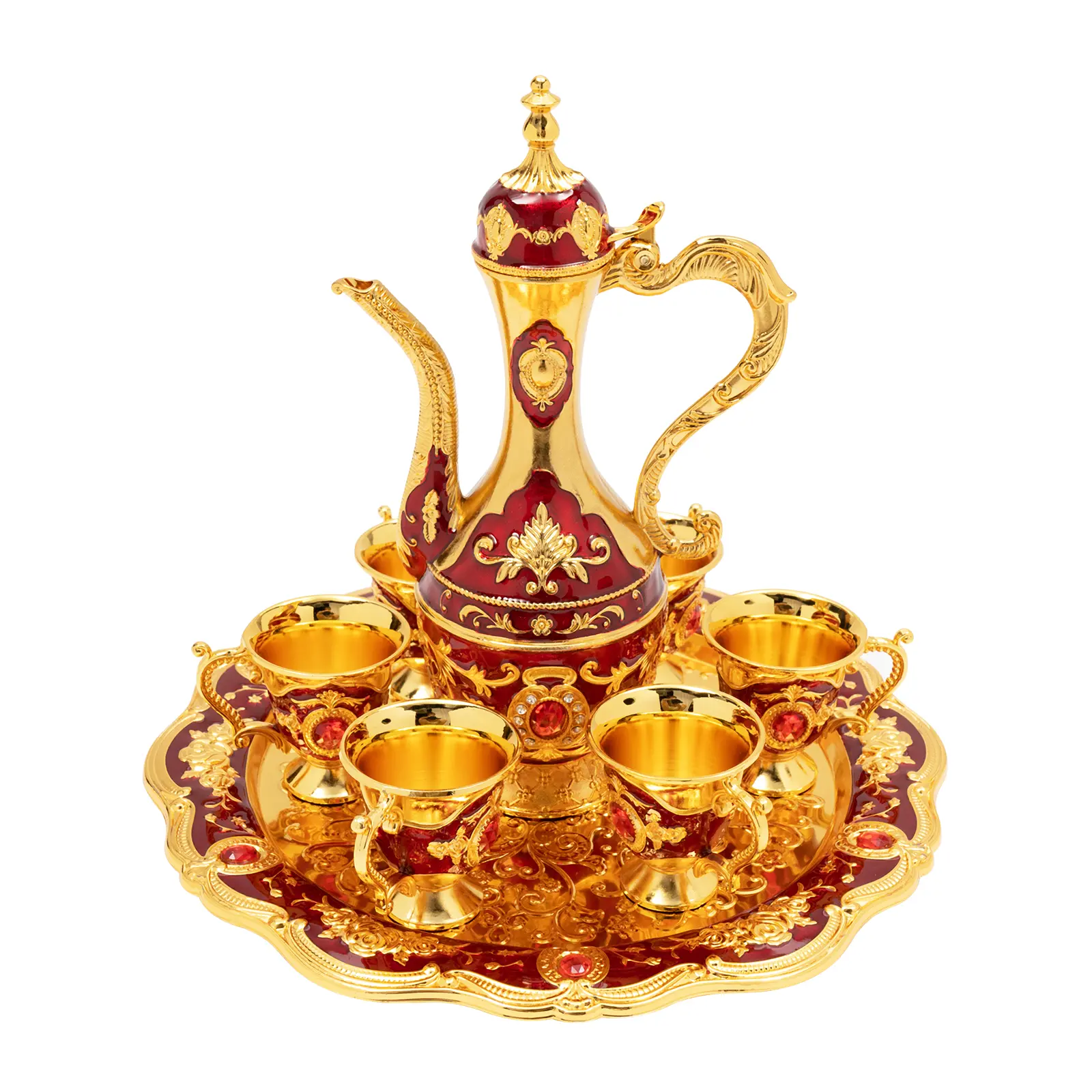 Red Vintage Turkish Tea Set - 8.45oz Zinc Alloy Die-Cast, Polished, Electroplated, Corrosion-Resistant Multi-Purpose Set with Teapot, 6 Cups & Tray for Home, Party Decor, Gifting