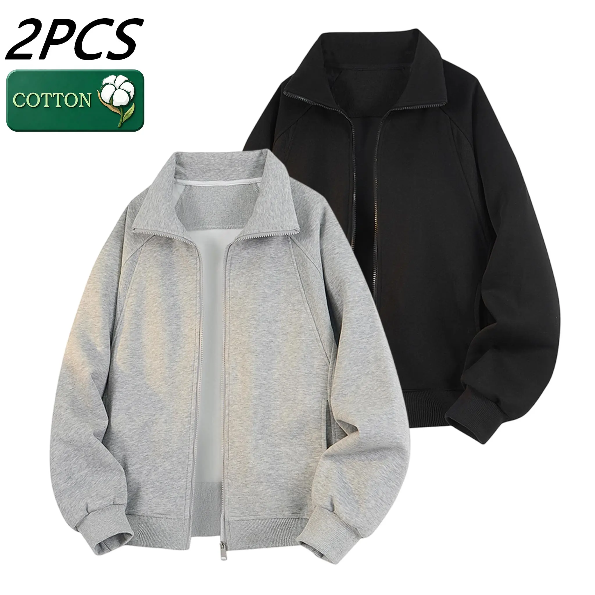 Men’s solid-color stand collar zip-up sweatshirt jacket for spring/autumn, loose casual gray athletic knit cardigan, versatile minimalist design