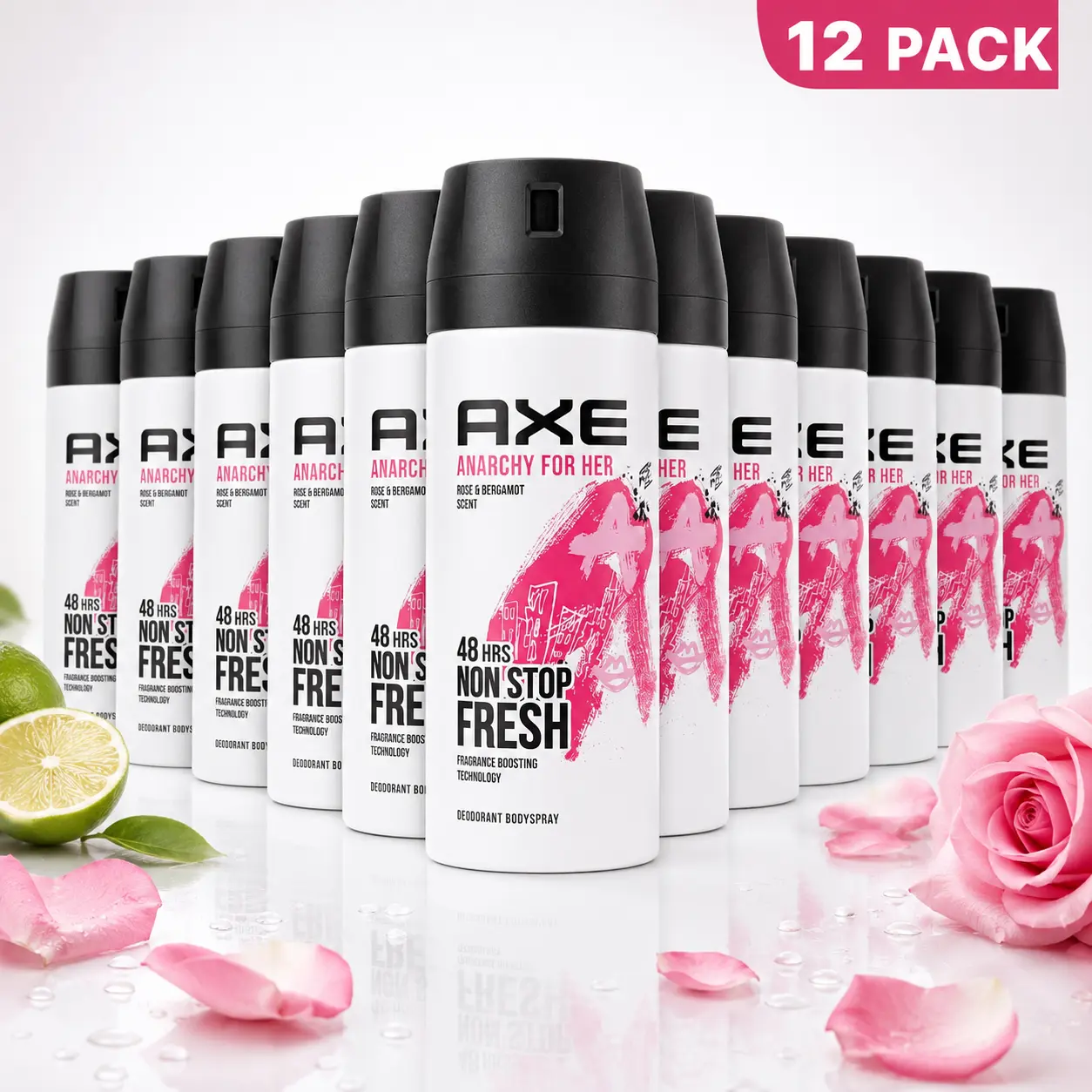 AXE Anarchy For Her Deodorant Body Spray 12 Pack Bulk (5oz/150ml) - Rose & Bergamot Floral Fragrance, 48-Hour Freshness, Body Care for Teens, Daily Use, Scent, Bright, Aroma, Women, Fragrance Boosting Technology Multipack Set