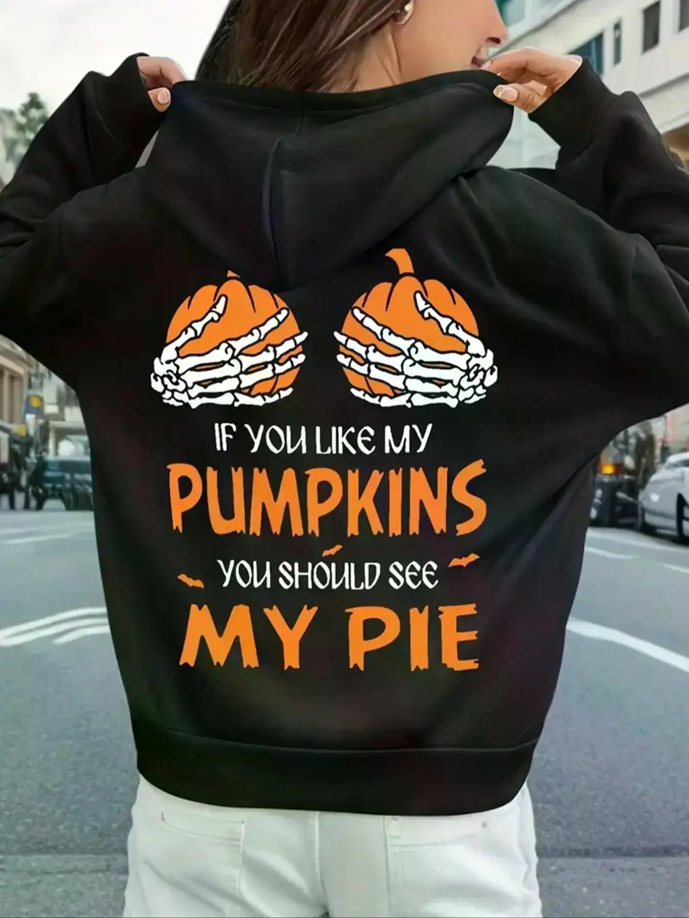 Plus Size Pumpkin Skeleton Hand Halloween Hoodie, Drop Shoulder Hooded Sweatshirt, Drawstring Pocket Pullover, Womens Fall Winter Casual Top
