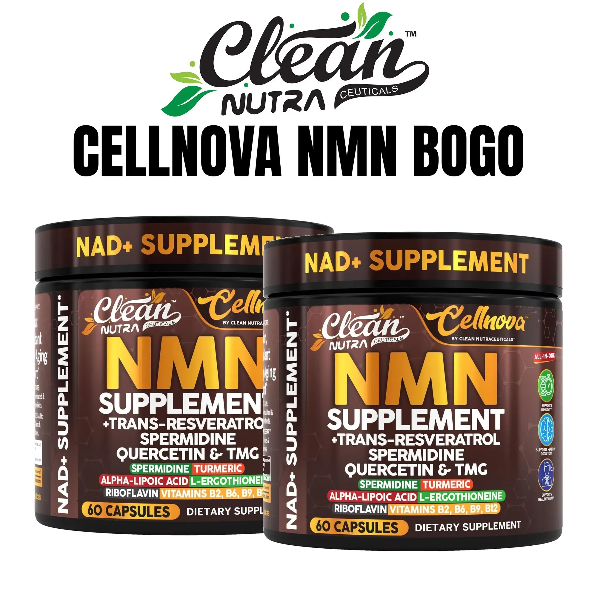 NMN Supplement 500mg BOGO Buy 1 Get 1 – NAD+ Supplement for Men and Women Jar with Resveratrol CoQ10 Quercetin Spermidine TMG – Longevity Anti Aging Cellular Energy – Nicotinamide Mononucleotide – 60 Vegetarian Capsules Each – Clean Nutra Cellnova