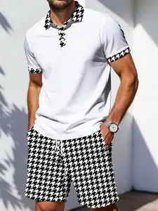 Men's Checkered Polo Shirt and Shorts Set, Summer Casual Two-Piece, Block Men's Top, Loose-Fitting Regular Length