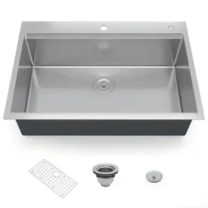 32 Inch Undermount or Drop-In Single Bowl Kitchen Basin, 16 Gauge Commercial 304 Stainless Steel, Brushed Nickel Finish, Deep Workstation, With Accessories, Low Noise, Easy Drain System