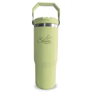 SHARIS 30oz Plaid Design Water Bottle with Top Handle Reusable Stainless Steel Leakproof Mug for Daily Use Gym Commuting & Outdoor Activities Portable Sturdy Washable LIGHT GREEN color