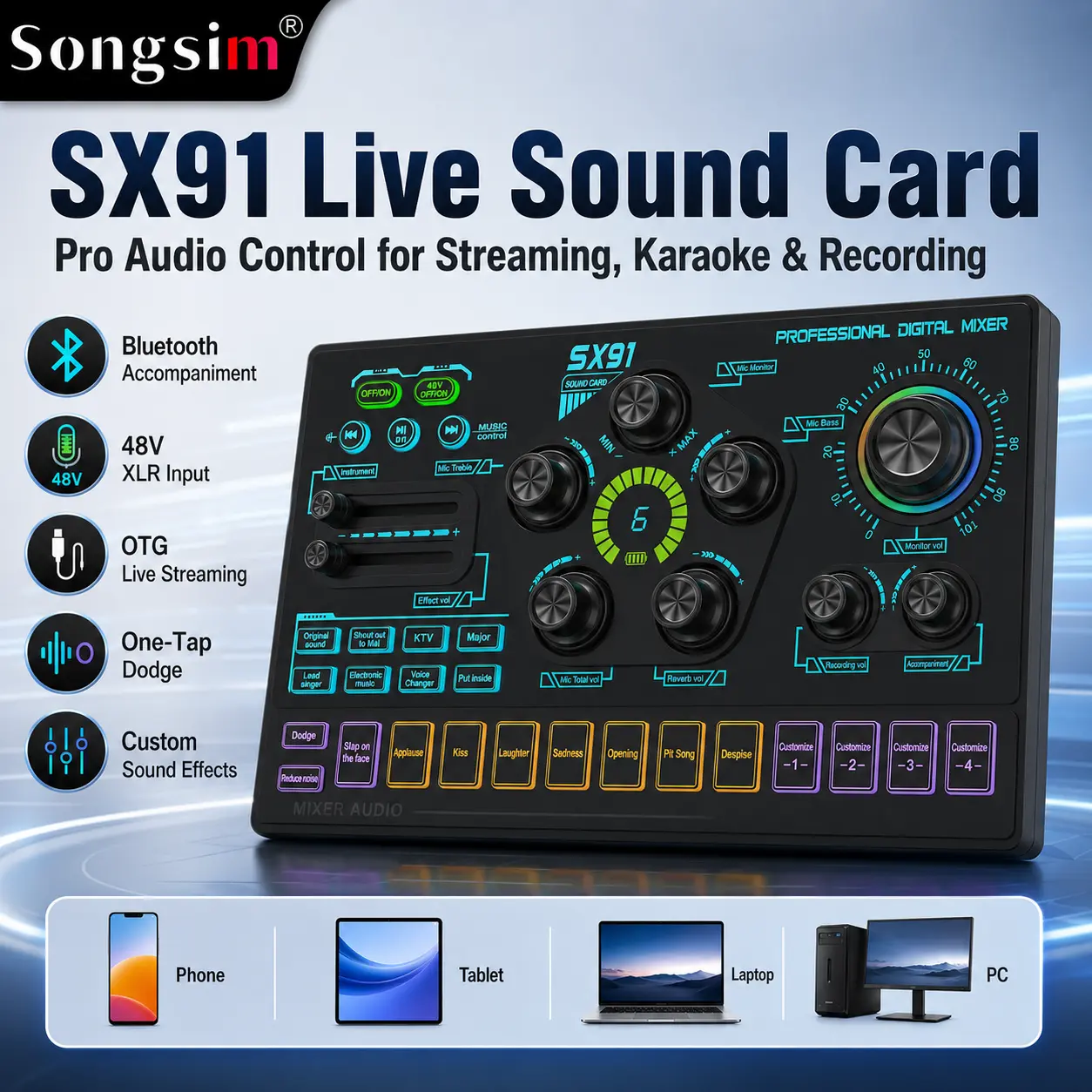 Songsim SX91 Podcast Equipment Bundle, Professional Audio Mixer Sound Card with 48V Phantom Power & Condenser Mic for TikTok Live Streaming, PC Gaming, Voice Recording