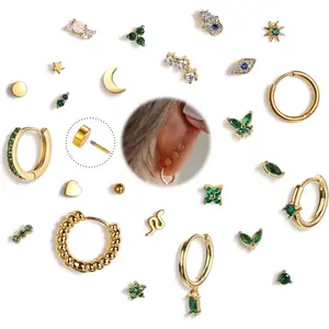 25Pcs Hypoallergenic Surgical Steel Earrings for Sensitive Ears 14K Gold Plated Flat Back Cartilage Earrings Women Men Screw Back Flatback Stud Hoop Earring Set for Multiple Piercing