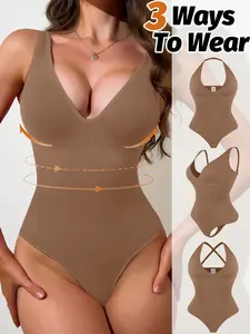 Women Shapewear Bodysuits Deep V Neck Bodysuit Halter Top Tummy Control Adjustable StrapsThong Sexy Butt Lifter, Women's Shapewear Jumpsuit, Convertible Design With Detachable Straps,Tummy Control And Butt Lift, Full Body Shaping For Outdoor/Bikini Wear
