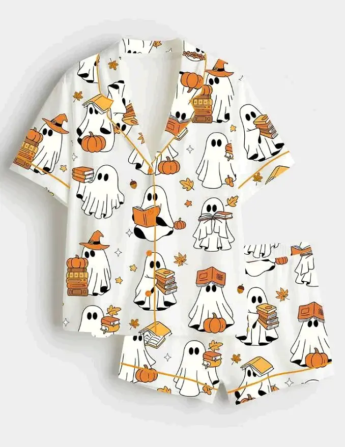 Women’s Reading Ghost Pajama Set, Cute Ghost Books Pumpkin Print Sleepwear, Short & Long Button Down Pajamas