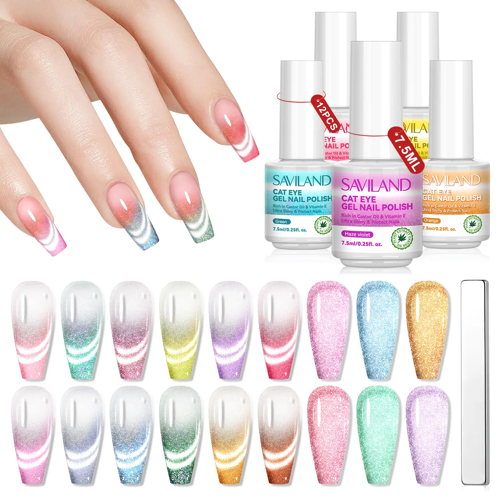 12 Colors Sparkle French Cat Eye Gel Nail Polish