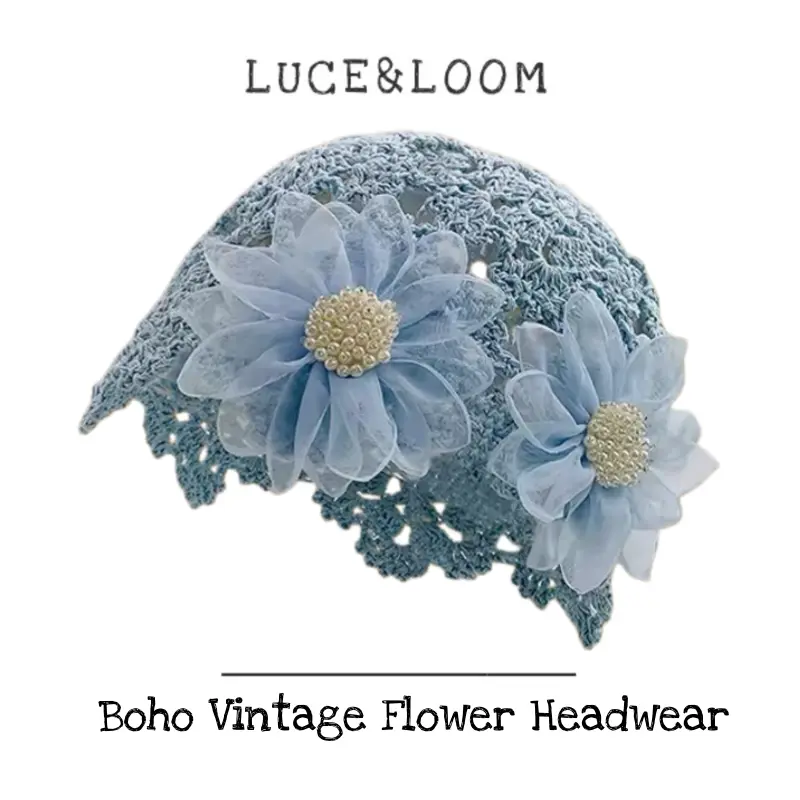 【LUCE&LOOM】Women's Handmade Hollow Crochet Cap - Vintage Floral Hippie Crochet-Knit Weave Puff Embroidered Hat, Breathable Summer Beach Vacation Headwear, Crochet-Knit Hats