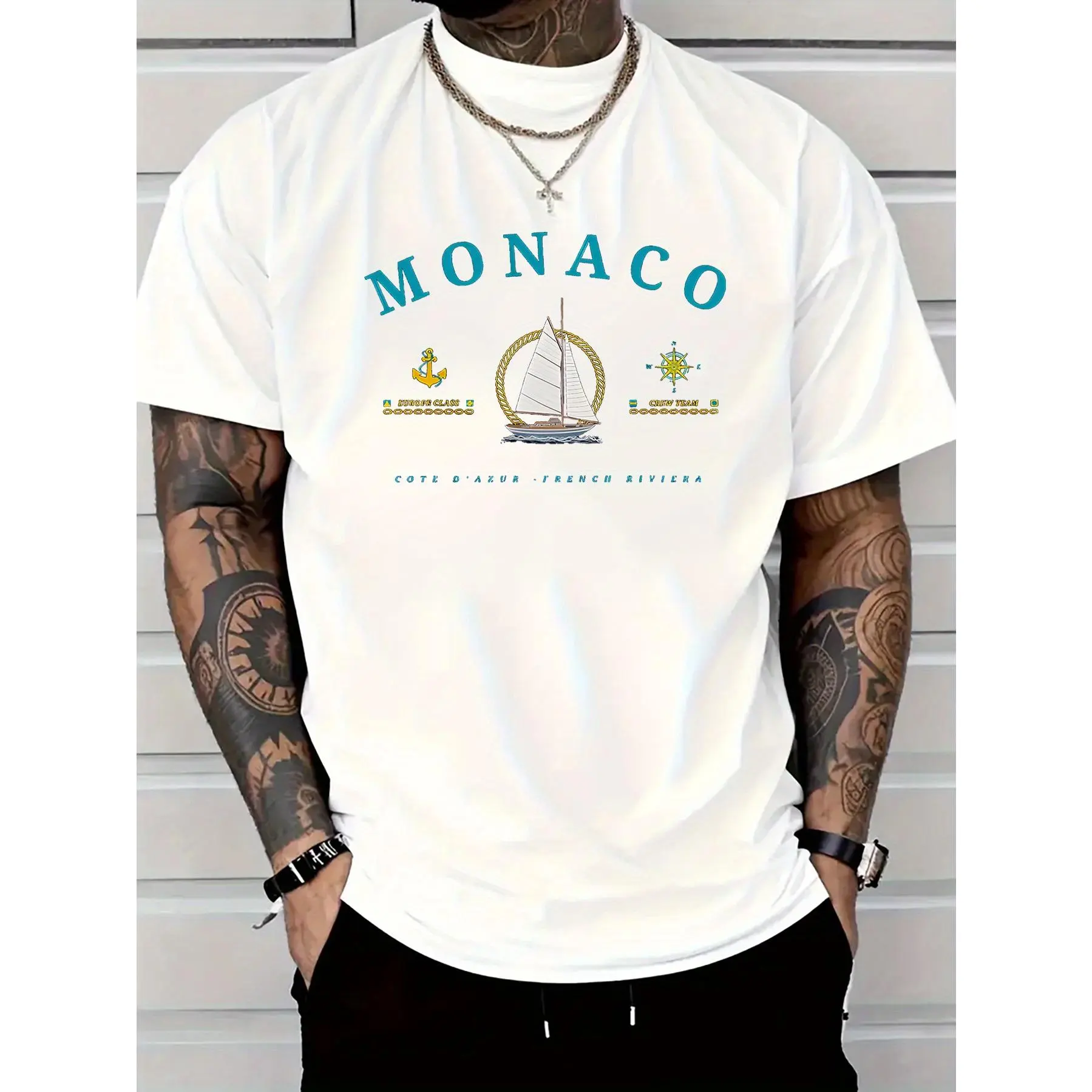 Monaco Ocean Sail Graphic Cotton T-Shirt for Men - White Casual Short Sleeve Tee with Monaco Yacht Club Design, Lightweight & Breathable, Perfect for Summer Outings, Parties & Gifts, Summer Tshirt|Graphic Print Tee|Lightweight Tshirt