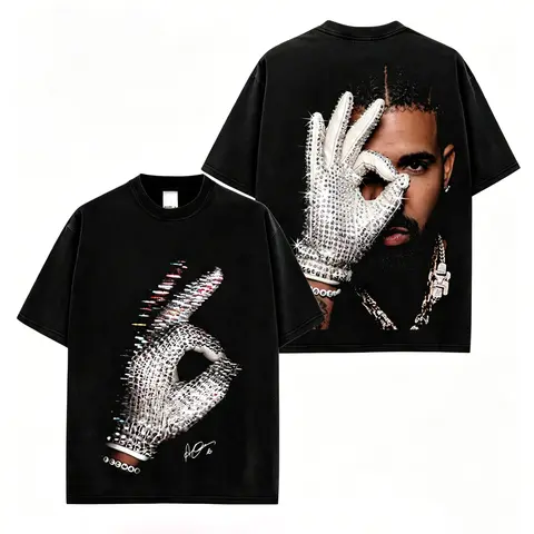 Men's Oversized Distressed Cotton T-Shirt - Drake The Iceman 2026 # 13 HIT Album Vintage Rap Merch, Hip Hop Streetwear, USA Trend loose fit streetwear hip-hop style button