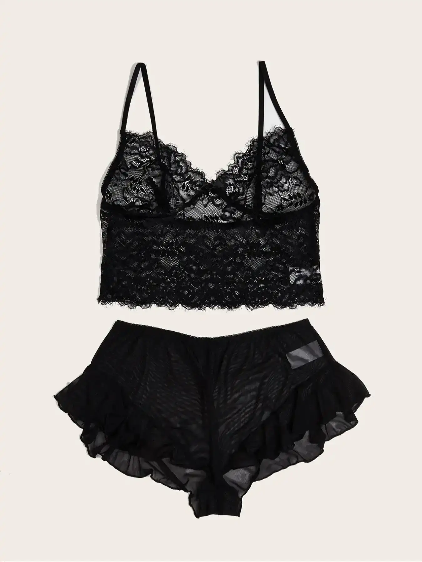 Women's Contrast Mesh Lace Lingerie Set, Sexy Hollow Out Top & Sheer Shorts Soft Comfy Breathable Underwear for Women, Lingeries figure flattering vacation style warm weather elevated basics relaxed fit