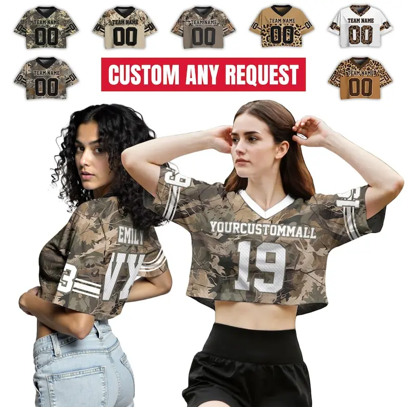 Personalized Camo Football Jersey for Women Girls, Custom Crop Top with Name and Number Streetwear Shirt Concert Outfit, Camouflage Jersey