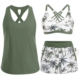 Aqua Eve Three Piece Tankini with Boyshorts Chlorine Resistant Quick Dry Modest Athletic Bathing Suit with Pockets Cool Toned Print Built in Shelf Bra for Beach Vacations Pool Parties Surfing Water Aerobics Summer Getaways Womens Sporty Swimwear