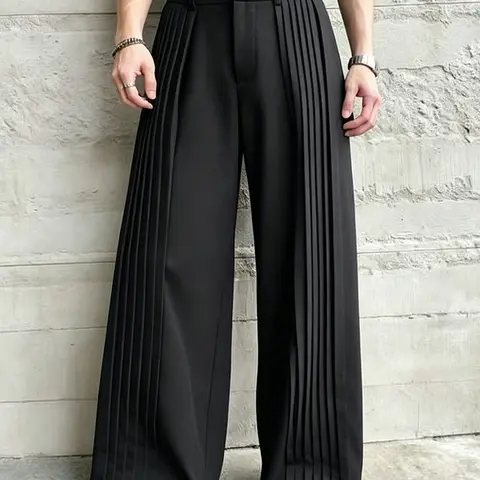 HEYKESON Men's Classic Solid Pleated Front Wide-Leg Baggy Pants - Polyester Soft Drape Trouser, Loose-Fit, Belt Loops, Pockets, Hem, for Casual & Dressy Wear (Dressy Trousers Menswear)