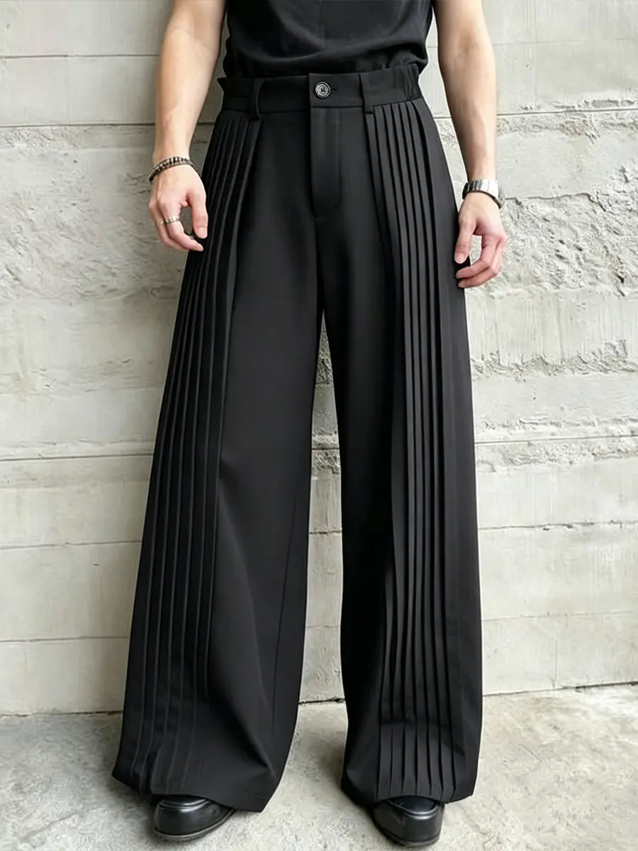 Men's Wide-Leg Dress Pants Accordion Pleats, Relaxed Fit Soft Drape Fabric with Pockets Belt Loops, Formal & Daily Casual Wear