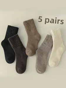 5 Pairs Full Cushion & Long Cuff Winter Socks for Women, Vintage Knit Mid-Calf Socks, Soft Warm Cozy for Commute, Business & Travel, EU36-41, Thickened Socks