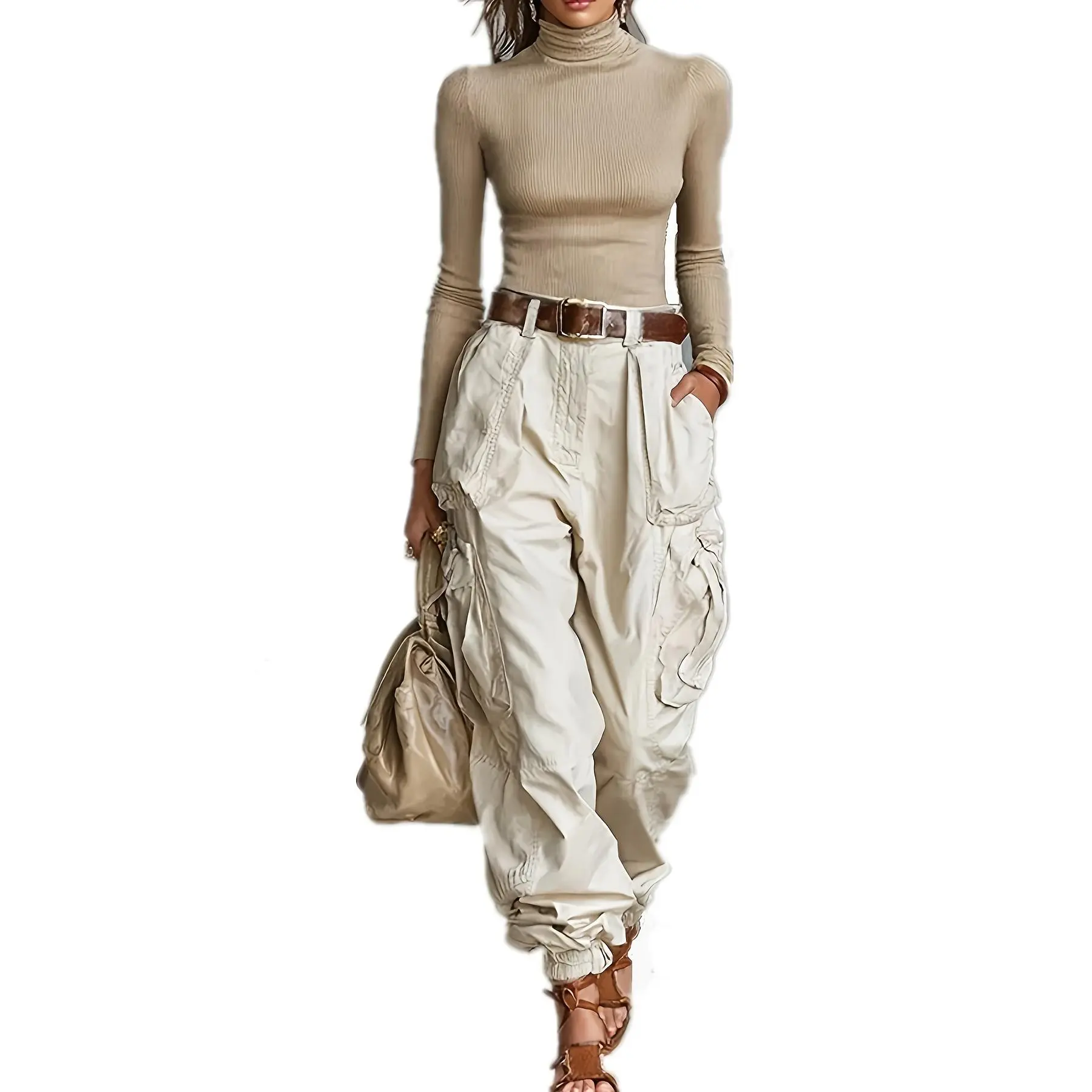Women's Plain Beige Woven Cargo Pants - Casual High-Waist Baggy Trousers with Multiple Pockets for Streetwear & Workwear, Zipper, Lady, Zipper Fly, Khaki, Lo, Style, Fit