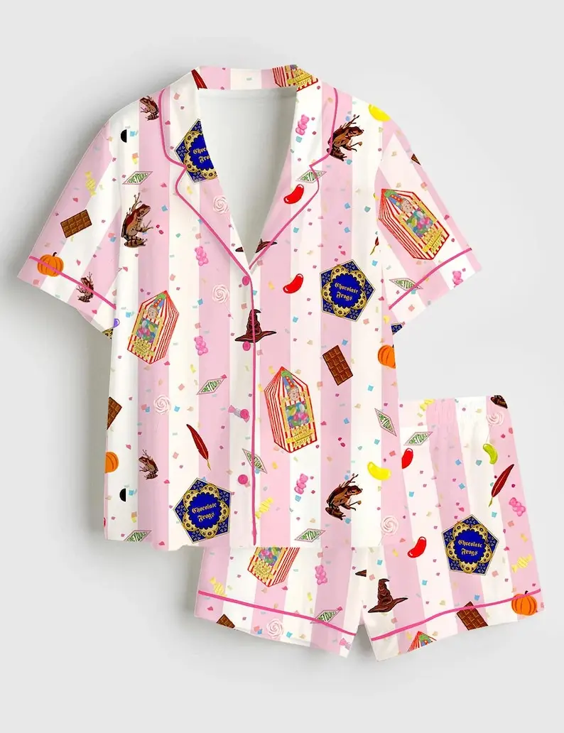 Women's Silky Satin Magic Candy Pajama Set - Wizard-Inspired Pink Button-Down Sleepwear with Pants, Pocket, Adjustable Bottom, All-Season Cozy Loungewear, Book Lover Gift
