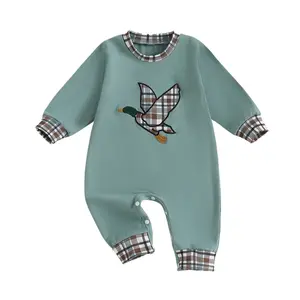 Hunting Baby Clothes Newborn Boy Mallard Duck Embroidery Plaid Sweatshirt Jumpsuit Infant Long Sleeve Romper Overalls Outfit