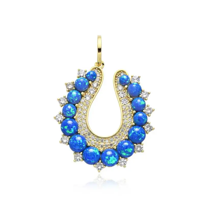Unisex Horseshoe Charm Pendant with Blue Stones, Costume Jewelry Accessory for Boho Outfits, Daily Fashion Use, Symbol of Good Luck, Versatile and Stylish