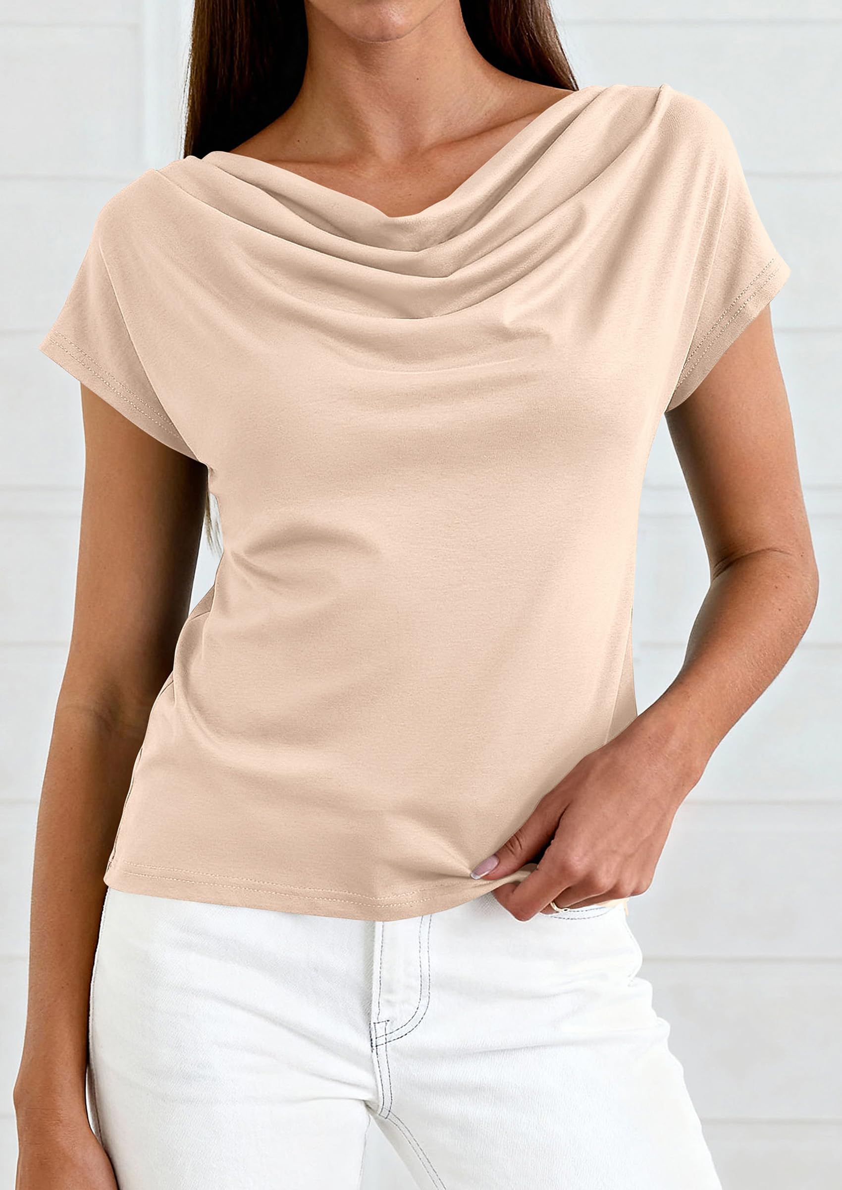PrettyGarden Cowl Neck Short Sleeve Tops For Women  Dressy Casual Clothing Summer Blouses Spring Business Work Office Shirts#SwimWeek