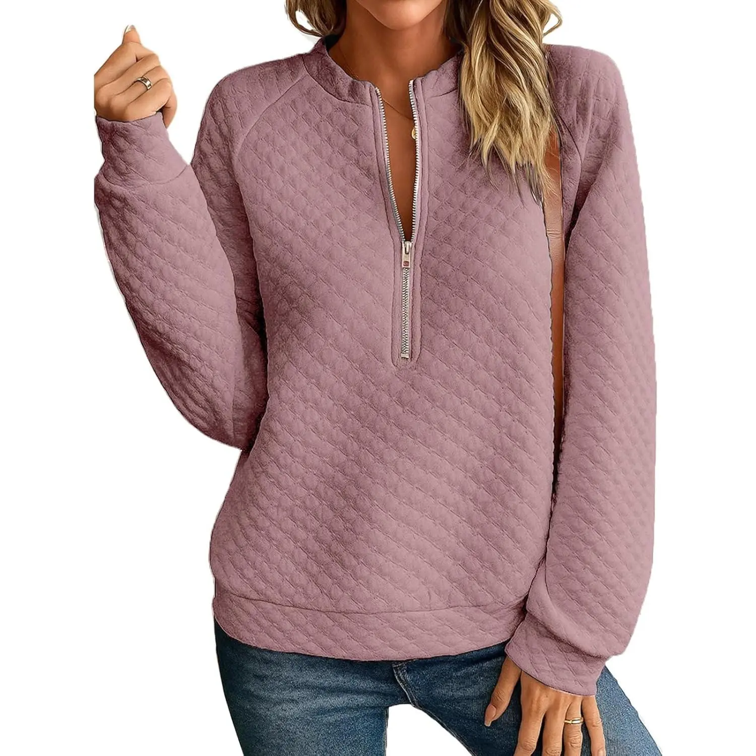 Women's Soft Quilted Half-Zip Sweatshirt - Lightweight Stand Collar Long Sleeve Polyester Tops for Casual Outdoor Wear with Zipper, Hoodie, Pants, Fabric, Lady, Fit, Longsleeves, Comfy Casual, Outdoors, Party, Loose Cut, Diamond Weave, Imported, Refer To,