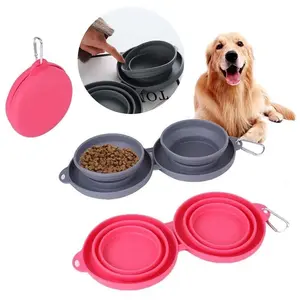 Rubber Foldable Double Pet Bowls - Non-Skidding Silicone Mat, 16X4.5X18cm, Compact Design for Dogs & Cats, Easy to Clean & Durable