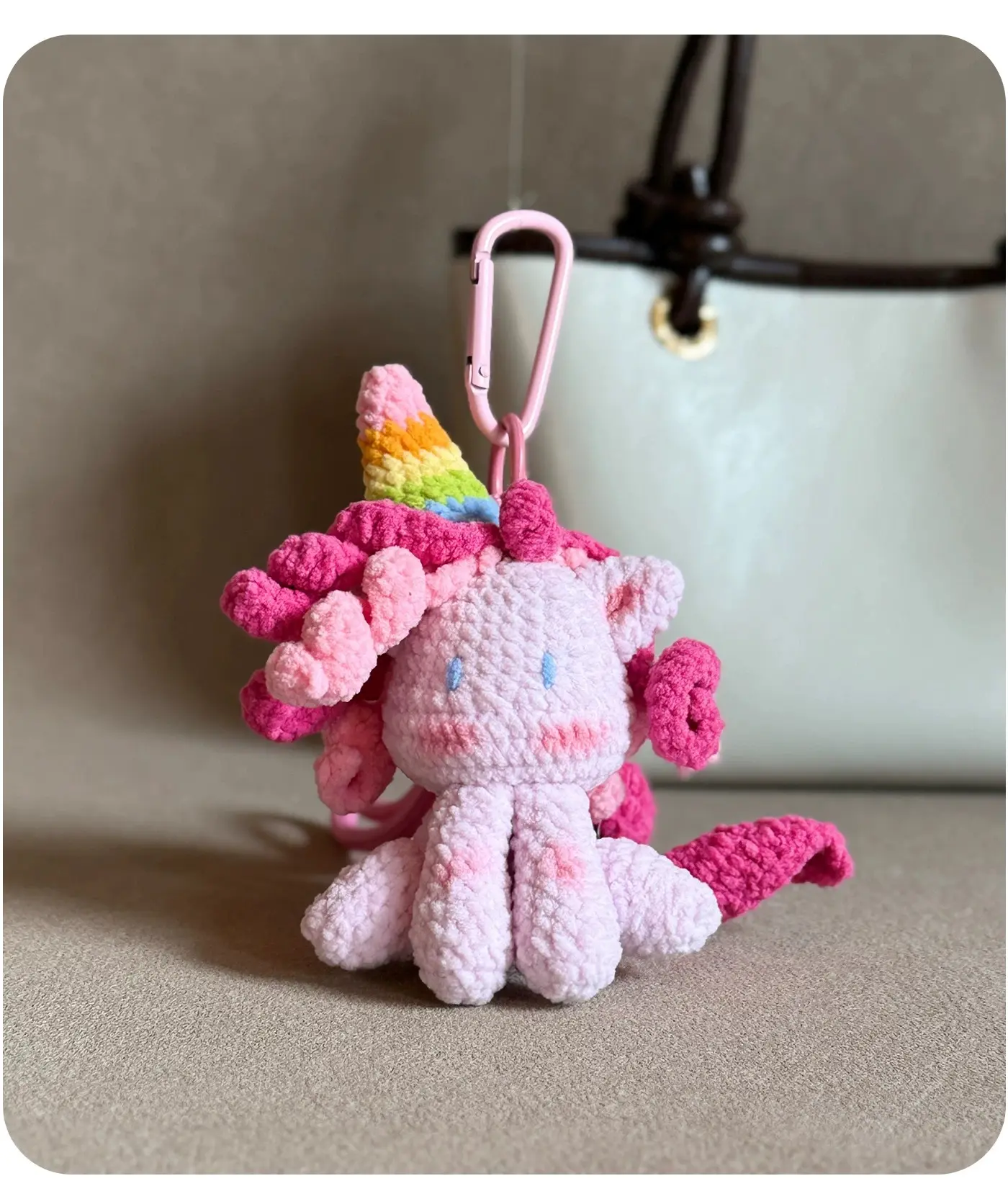 Huggli Pink Rainbow Unicorn Handmade Crochet Plush Keychain, Mini Stuffed Animal Bag Charm with Carabiner Clip & Wrist Strap for Backpacks, Bags, Tote Bags, and Keys