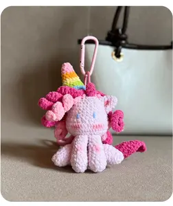 Huggli Pink Rainbow Unicorn Handmade Crochet Plush Keychain, Mini Stuffed Animal Bag Charm with Carabiner Clip & Wrist Strap for Backpacks, Bags, Tote Bags, and Keys