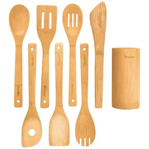 Bamboo Kitchen Utensils Set 8-Pack - Cooking Spoons, Spatulas, Turner, Tongs, Utensil Holder