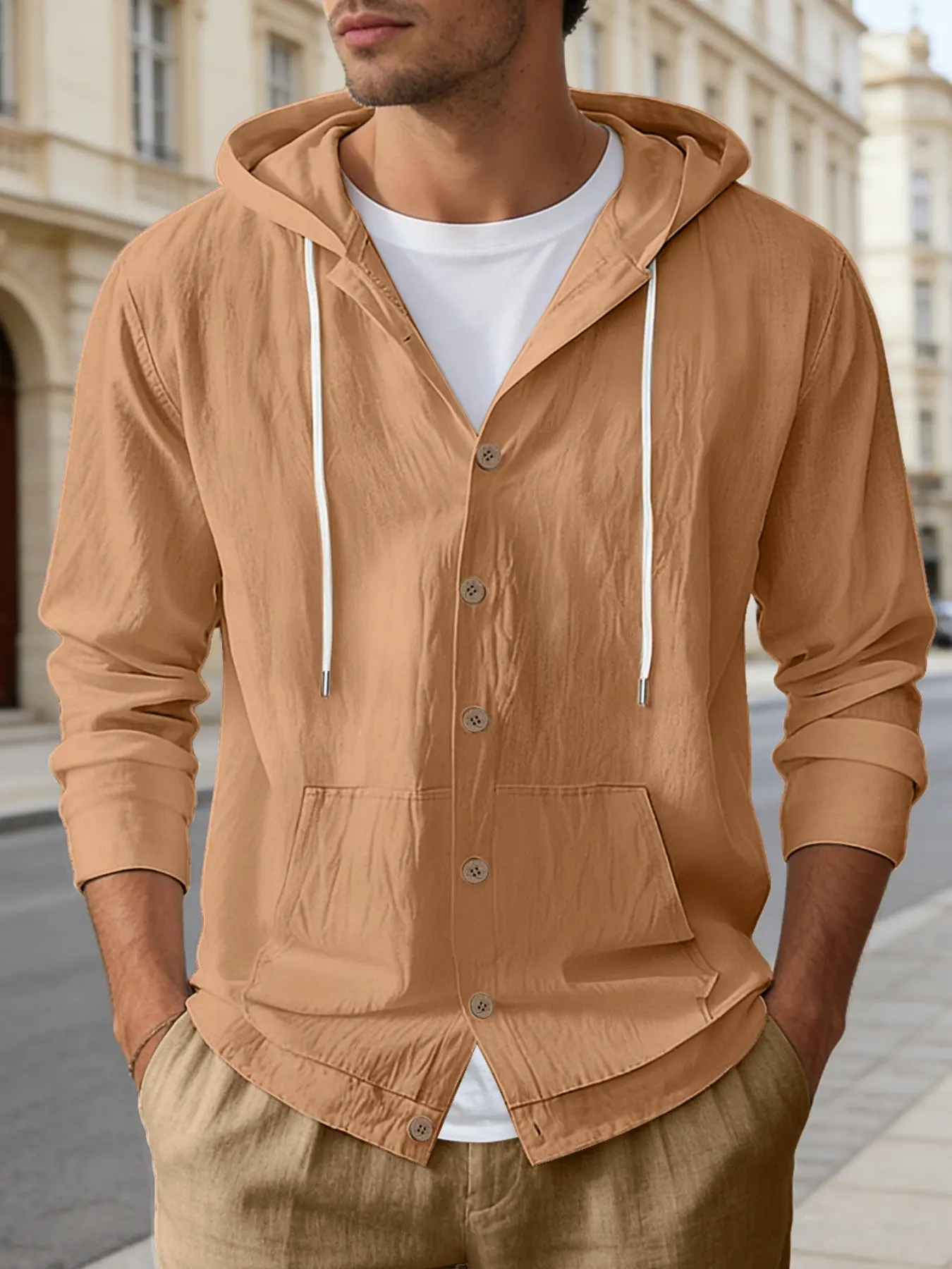 Men's summer minimalist hooded shirt jacket, natural breathable linen texture, loose fit suitable for all body types, olive green brightens skin tone and elevates style, stywhether worn alone or layered, full of atmosphere!