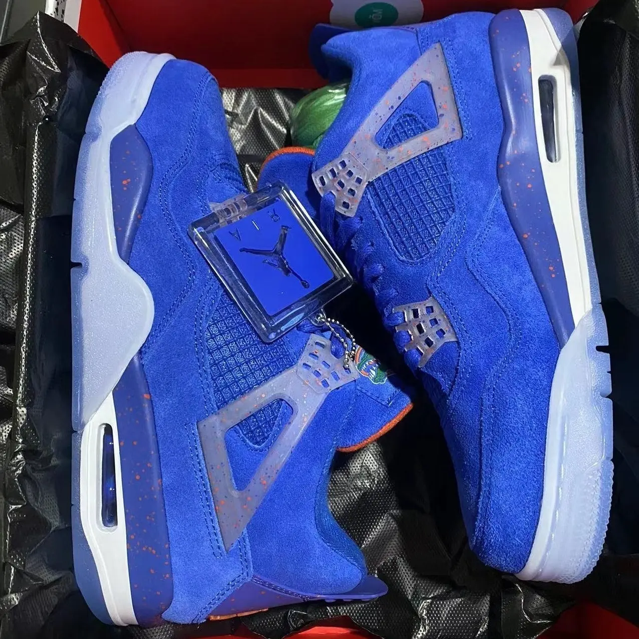 Brand New Sealed Unisex Royal Blue Suede Mid Top Retro Basketball Sneakers, Silver Metal Frame Orange Speckled Heel Logo Breathable Mesh Panel Light Blue Rubber Midsole Casual Street Sports Shoes With Original Shoe Box