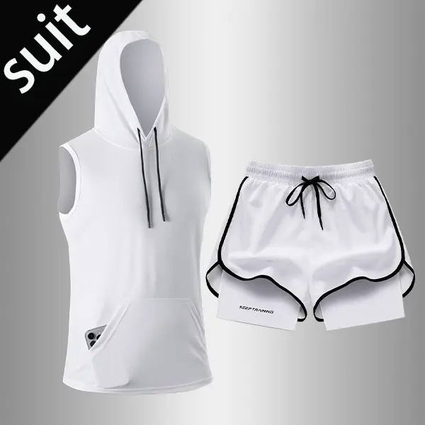 Men's 2-Piece Fitted Activewear Set, Plain Sleeveless Hoodie & Drawstring Shorts, Breathable Quick-Dry Gym Outfit, Breathable Activewear, Casual Gym Wear, Fitness Suit, Sports Wear, Male, Hooded Top, Side Pockets, All Seasons, Casual Hoodie Feel, Polyeste