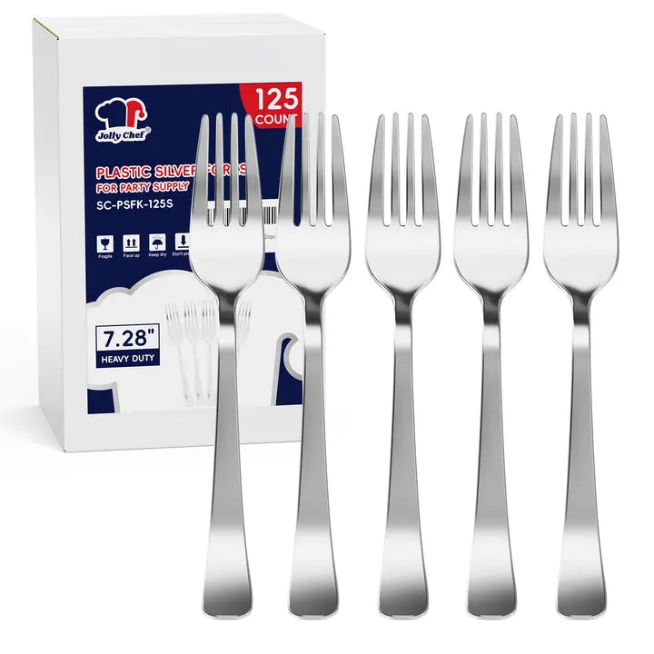 7.28in Bulk Plastic Forks | Disposable Forks for Hot Entrees, Salads | Heat Resistant, Food Grade Plastic | Restaurant Supply Metallic