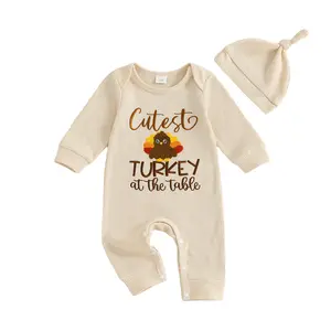 My First Thanksgiving Baby Girl Boy Outfit Cutest Turkey at the Table Embroidery Patterns Waffle Jumpsuit Long Sleeve Romper with Hat Gender Neutral Newborn Coming Home Photo
