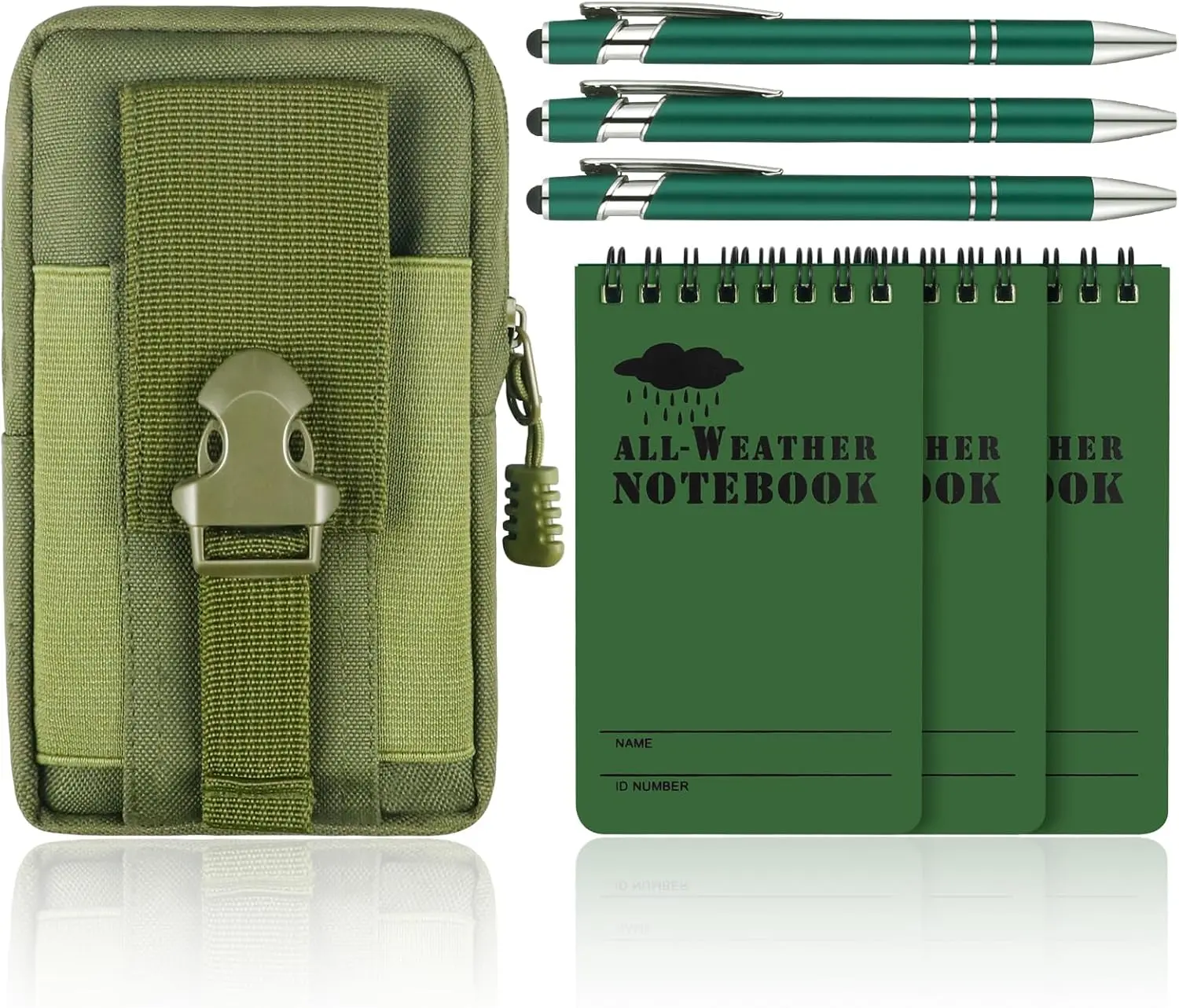 7 count  Notebook, 3 X 5 Inch  notebook and pen with  Multi Functional  Pack for Outdoor Activities Recording (Army Green)
