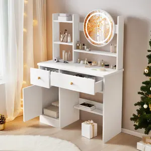 Small dressing table with LED lights, three adjustable colors, two drawers, and a storage cabinet; a perfect gift for women and girls; modern dressing table (white)