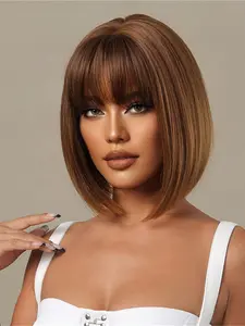 12 Inch Brown Short Straight Wigs For Women, Gorgeous Fluffy Wigs With Bangs, Synthetic Full Machine Wigs For Party, Daily Use, Synthetic Fiber Wigs, Machine Made Wig, Hair Straight Wigs