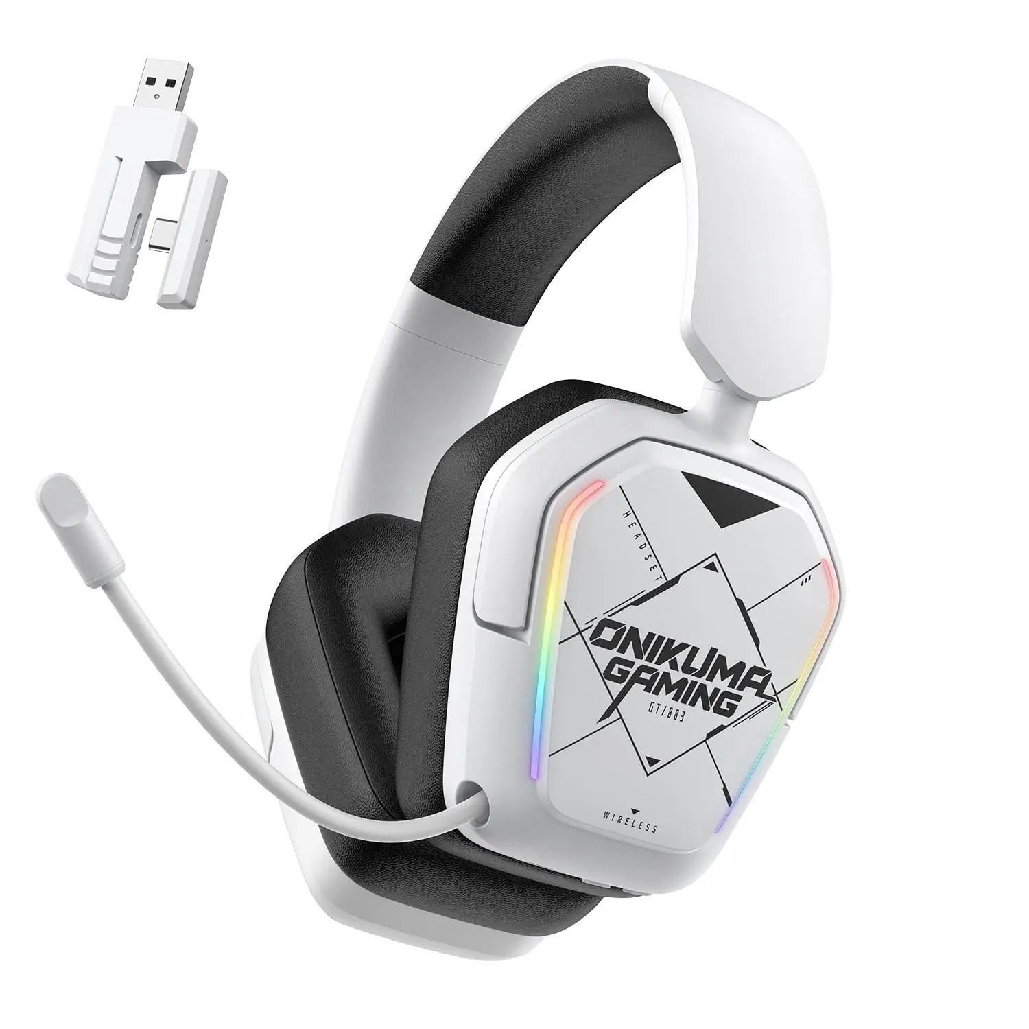 Siivton Wireless Gaming Headset with 2.4GHz & Bluetooth 5.3, for PS5, PS4, PC, Switch, 60H Battery Life, Noise Canceling Mic, 7.1 Surround Sound, RGB Light, Foldable Headphones - White
