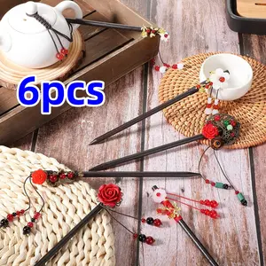 6/8 pcs 7 inch Chinese style coiled hair hairpin Tassel Flower Vintage Hairpins Hanfu headwear Beauty & Personal Care